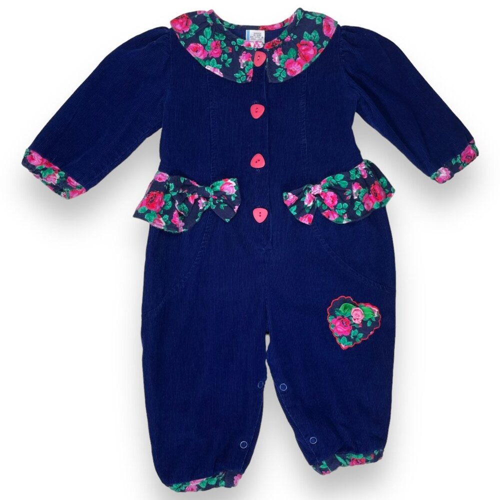 Vintage Blue Floral Collar Long Sleeve Bubble Jumper Romper Outfit 12m / 18m